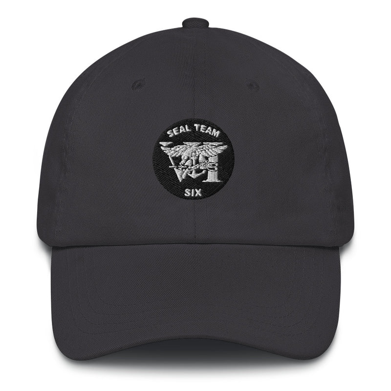 A dark grey Seal Team 6 Hat with the logo on the front.  The hat has a curved visor and an adjustable strap at the back.