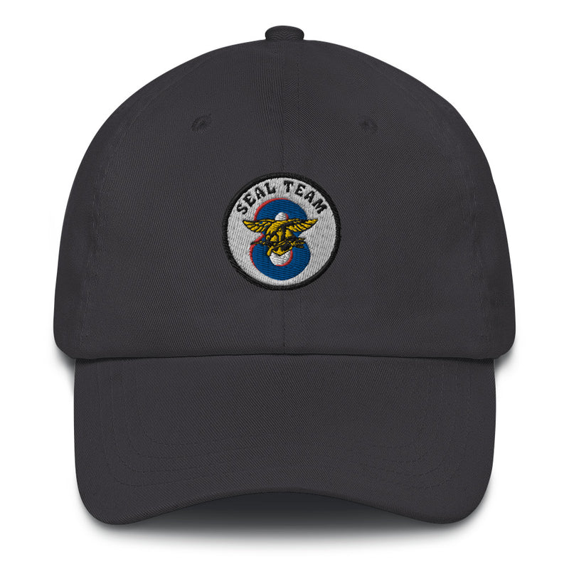 A dark grey Seal Team 8 Hat with the logo on the front.  The hat has a curved visor and an adjustable strap at the back.