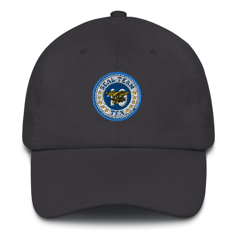 A dark grey Seal Team 10 Hat with the logo on the front.  The hat has a curved visor and an adjustable strap at the back.