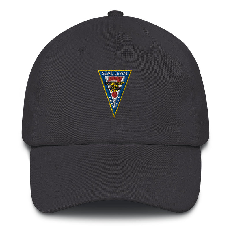 A dark grey Seal Team 7 Hat with the logo on the front.  The hat has a curved visor and an adjustable strap at the back.