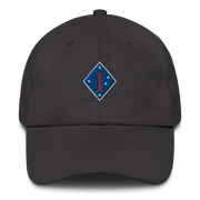 A dark grey 1st Marine Division Hat with the logo on the front.  The hat has a curved visor and an adjustable strap at the back.

