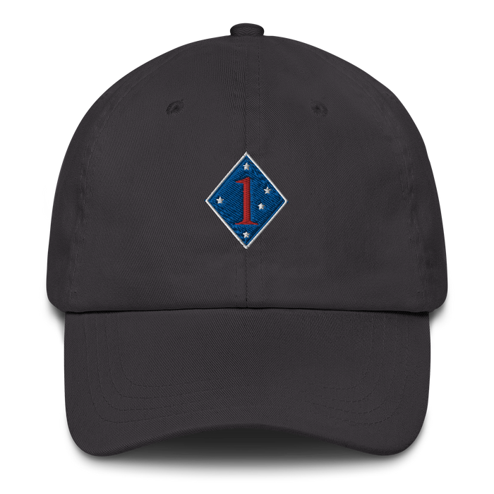 A dark grey 1st Marine Division Hat with the logo on the front.  The hat has a curved visor and an adjustable strap at the back.
