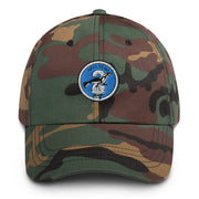 A military style Seal Team 2 Hat with camouflage and the logo on the front.  The hat has a curved visor and an adjustable strap at the back. 