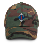 A military style 1st Marine Division Hat with camouflage and the logo on the front.  The hat has a curved visor and an adjustable strap at the back. 
