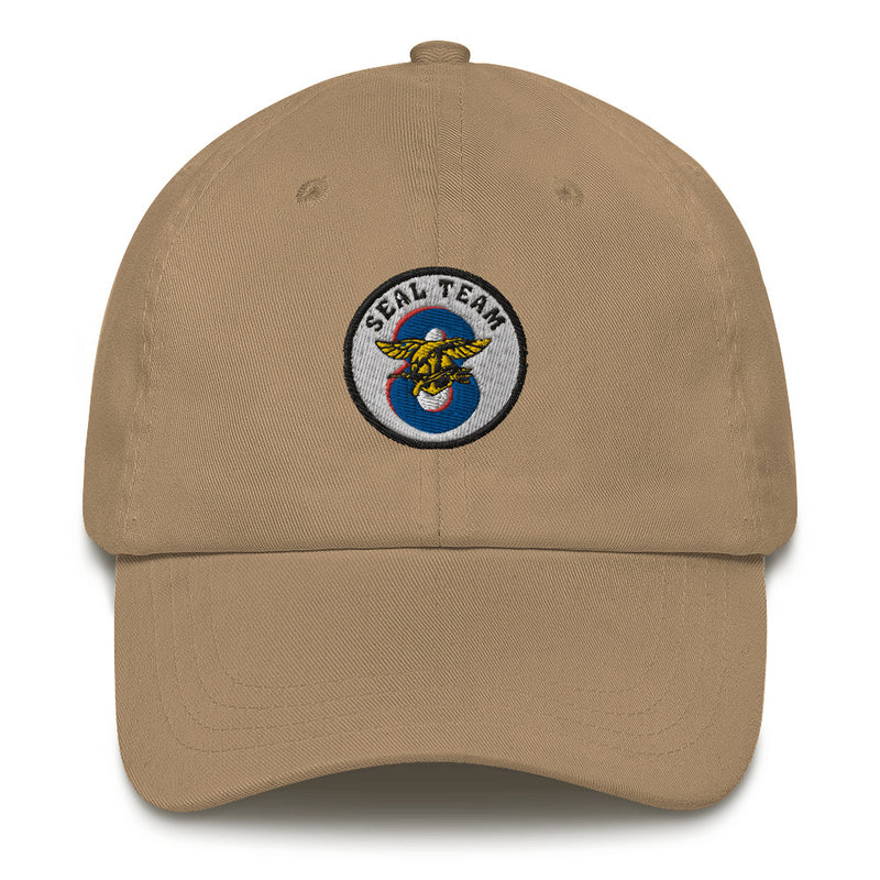 A khaki colored Seal Team 8 Hat with the logo on the front.  The hat has a curved visor and an adjustable strap at the back.