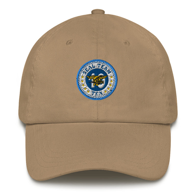 A khaki colored Seal Team 10 Hat with the logo on the front.  The hat has a curved visor and an adjustable strap at the back.