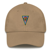 A khaki colored Seal Team 7 Hat with the logo on the front.  The hat has a curved visor and an adjustable strap at the back.