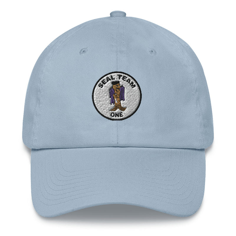 A light blue Seal Team 1 Hat with the logo on the front.  The hat has a curved visor and an adjustable strap at the back.