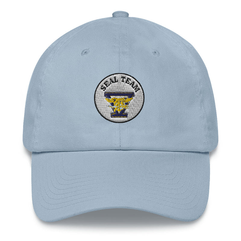 A light blue Seal Team 5 Hat with the logo on the front.  The hat has a curved visor and an adjustable strap at the back.