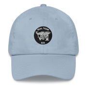 A light blue Seal Team 6 Hat with the logo on the front.  The hat has a curved visor and an adjustable strap at the back.