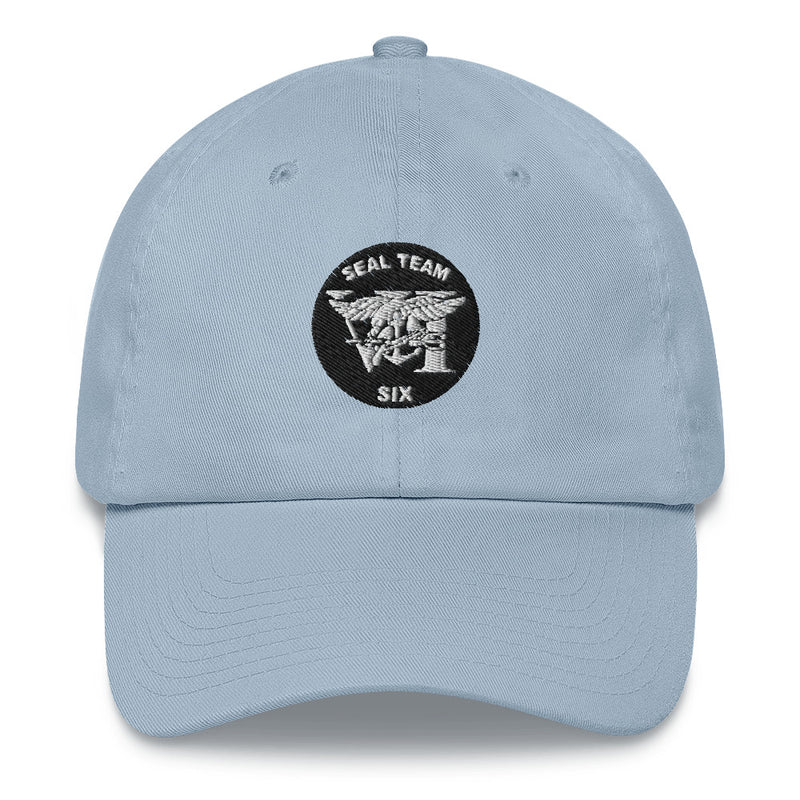A light blue Seal Team 6 Hat with the logo on the front.  The hat has a curved visor and an adjustable strap at the back.