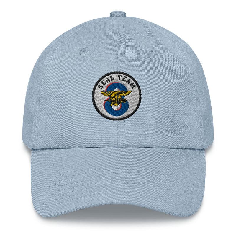 A light blue Seal Team 8 Hat with the logo on the front.  The hat has a curved visor and an adjustable strap at the back.
