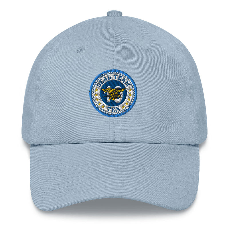 A light blue Seal Team 10 Hat with the logo on the front.  The hat has a curved visor and an adjustable strap at the back.