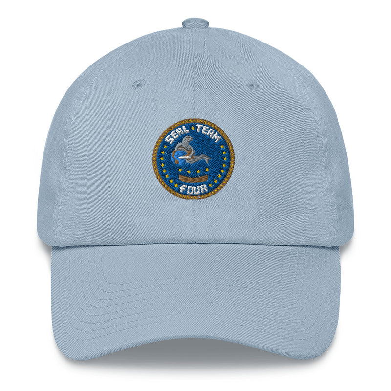A light blue Seal Team 4 Hat with the logo on the front.  The hat has a curved visor and an adjustable strap at the back.