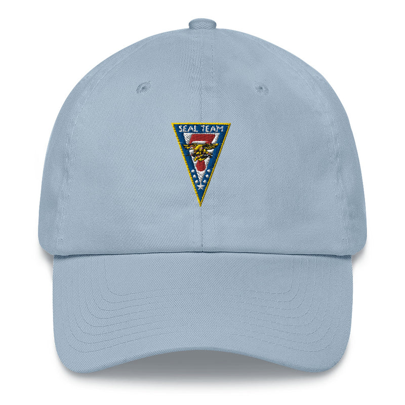 A light blue Seal Team 7 Hat with the logo on the front.  The hat has a curved visor and an adjustable strap at the back.