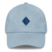A light blue 1st Marine Division Hat with the logo on the front.  The hat has a curved visor and an adjustable strap at the back.
