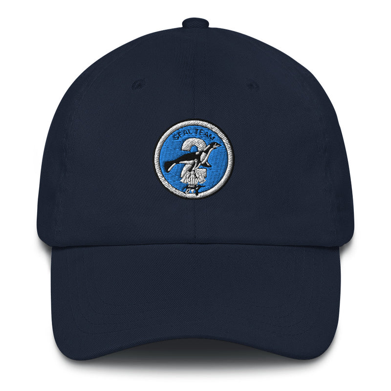 A navy blue Seal Team 2 Hat with the logo on the front.  The hat has a curved visor and an adjustable strap at the back.