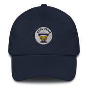 A navy blue Seal Team 5 Hat with the logo on the front.  The hat has a curved visor and an adjustable strap at the back.