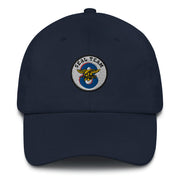A navy blue Seal Team 8 Hat with the logo on the front.  The hat has a curved visor and an adjustable strap at the back.