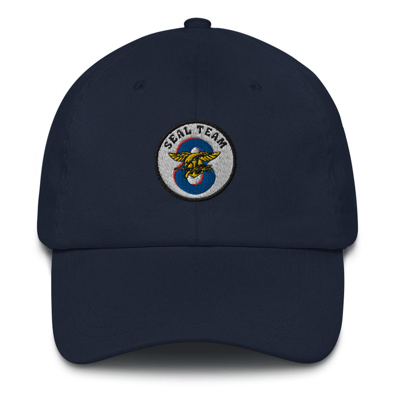 A navy blue Seal Team 8 Hat with the logo on the front.  The hat has a curved visor and an adjustable strap at the back.