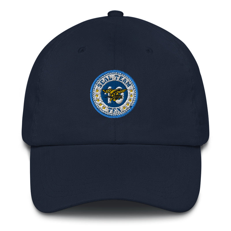 A navy blue Seal Team 10 Hat with the logo on the front.  The hat has a curved visor and an adjustable strap at the back.