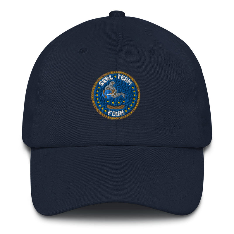 A navy blue Seal Team 4 Hat with the logo on the front.  The hat has a curved visor and an adjustable strap at the back.