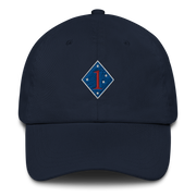 A navy blue 1st Marine Division Hat with the logo on the front.  The hat has a curved visor and an adjustable strap at the back.
