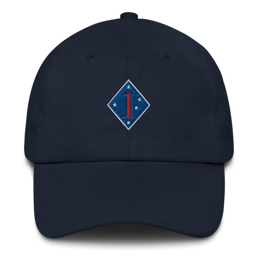 A navy blue 1st Marine Division Hat with the logo on the front.  The hat has a curved visor and an adjustable strap at the back.
