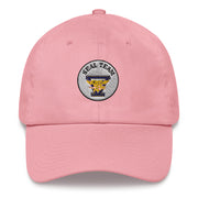 A pink Seal Team 5 Hat with the logo on the front.  The hat has a curved visor and an adjustable strap at the back.