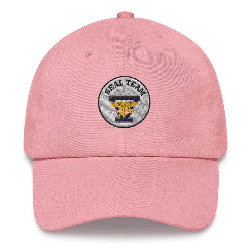 A pink Seal Team 5 Hat with the logo on the front.  The hat has a curved visor and an adjustable strap at the back.