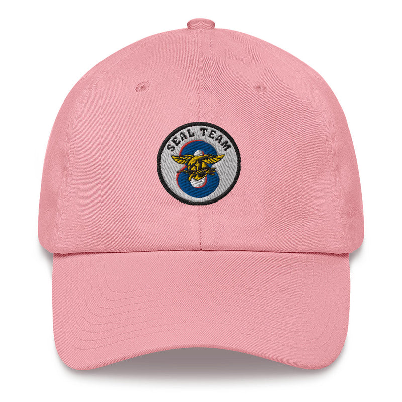 A pink Seal Team 8 Hat with the logo on the front.  The hat has a curved visor and an adjustable strap at the back.