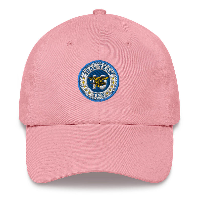 A pink Seal Team 10 Hat with the logo on the front.  The hat has a curved visor and an adjustable strap at the back.