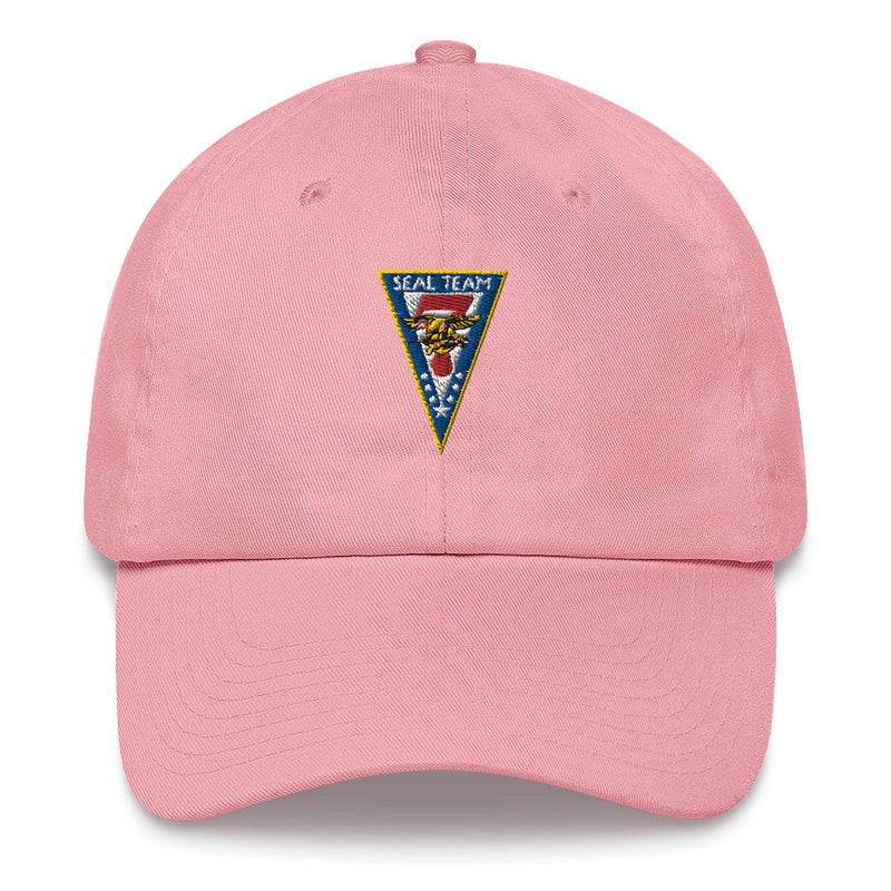A pink Seal Team 7 Hat with the logo on the front.  The hat has a curved visor and an adjustable strap at the back.
