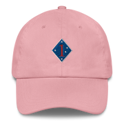 A pink 1st Marine Division Hat with the logo on the front.  The hat has a curved visor and an adjustable strap at the back.
