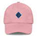 A pink 1st Marine Division Hat with the logo on the front.  The hat has a curved visor and an adjustable strap at the back.
