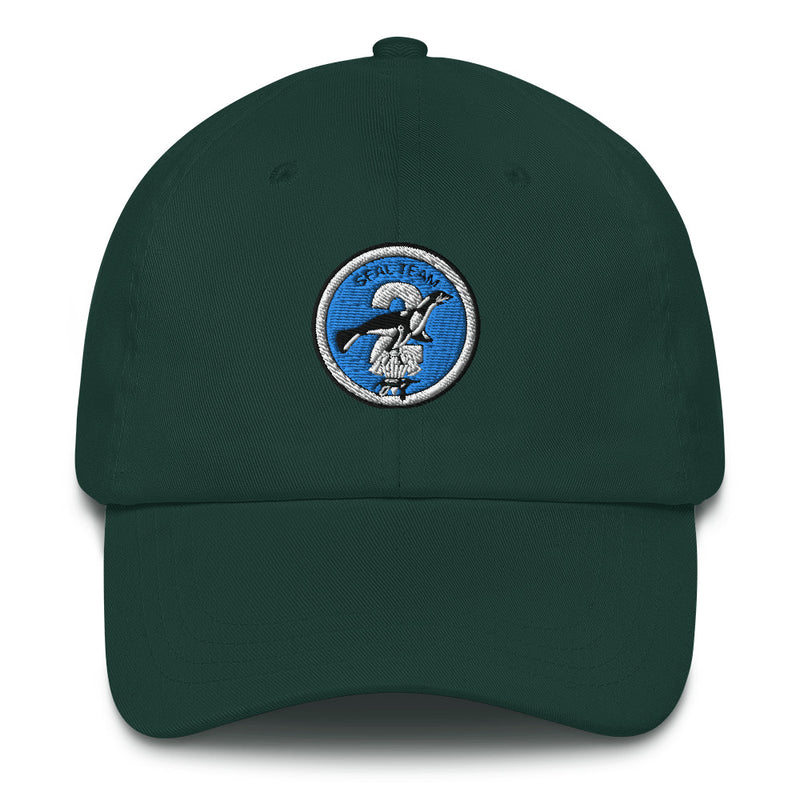 A spruce colored Seal Team 2 Hat with the logo on the front.  The hat has a curved visor and an adjustable strap at the back.