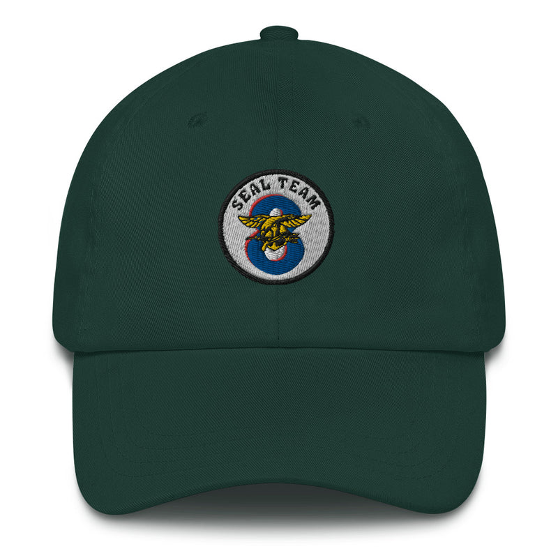 A spruce colored Seal Team 8 Hat with the logo on the front.  The hat has a curved visor and an adjustable strap at the back.