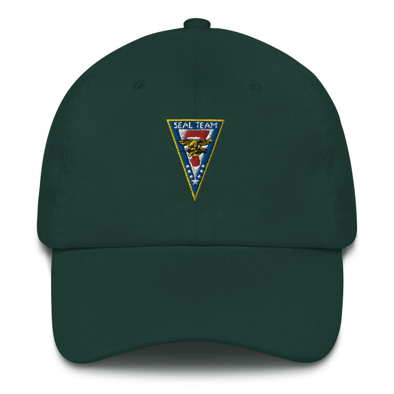 A spruce colored Seal Team 7 Hat with the logo on the front.  The hat has a curved visor and an adjustable strap at the back.