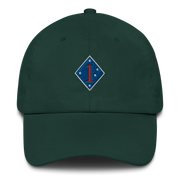 A spruce colored 1st Marine Division Hat with the logo on the front.  The hat has a curved visor and an adjustable strap at the back.
