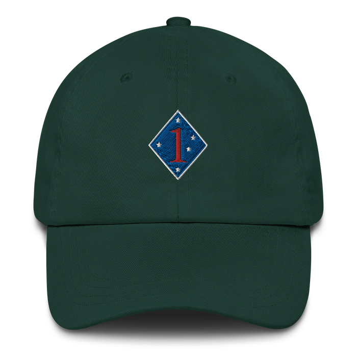 A spruce colored 1st Marine Division Hat with the logo on the front.  The hat has a curved visor and an adjustable strap at the back.
