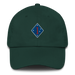 A spruce colored 1st Marine Division Hat with the logo on the front.  The hat has a curved visor and an adjustable strap at the back.
