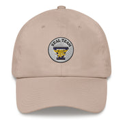 A stone colored Seal Team 5 Hat with the logo on the front.  The hat has a curved visor and an adjustable strap at the back.