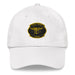 A white Seal Team 3 Hat with the logo on the front.  The hat has a curved visor and an adjustable strap at the back.