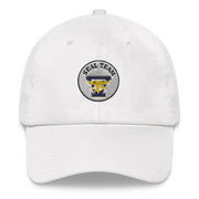 A white Seal Team 5 Hat with the logo on the front.  The hat has a curved visor and an adjustable strap at the back.