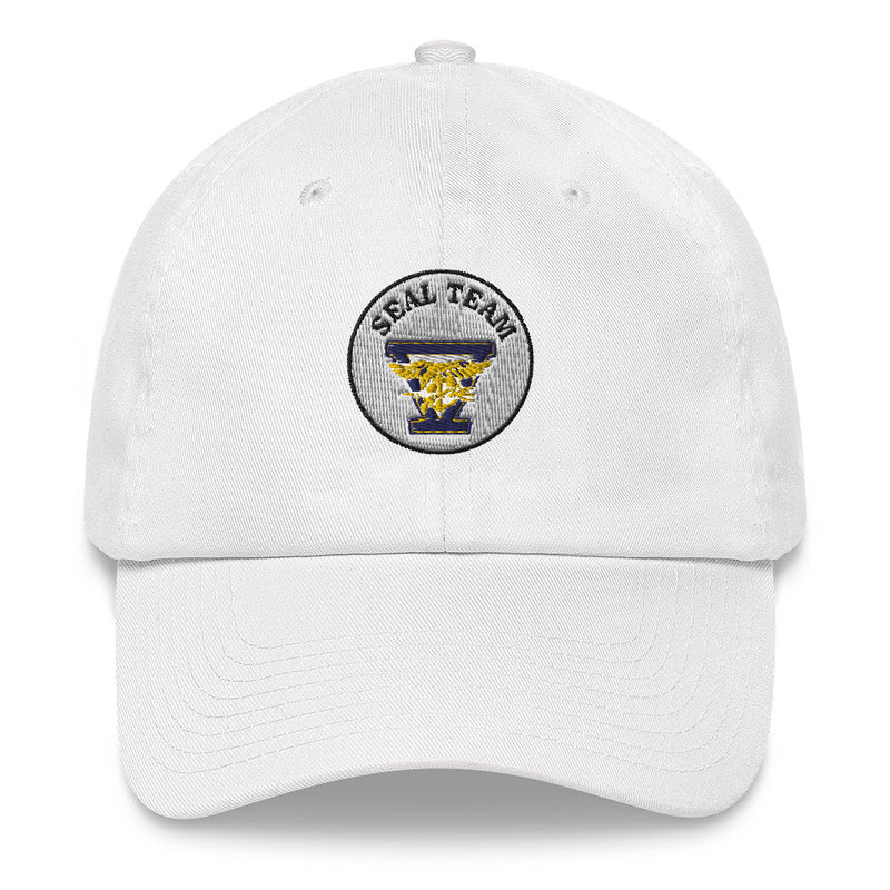 A white Seal Team 5 Hat with the logo on the front.  The hat has a curved visor and an adjustable strap at the back.