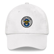 A white Seal Team 8 Hat with the logo on the front.  The hat has a curved visor and an adjustable strap at the back.