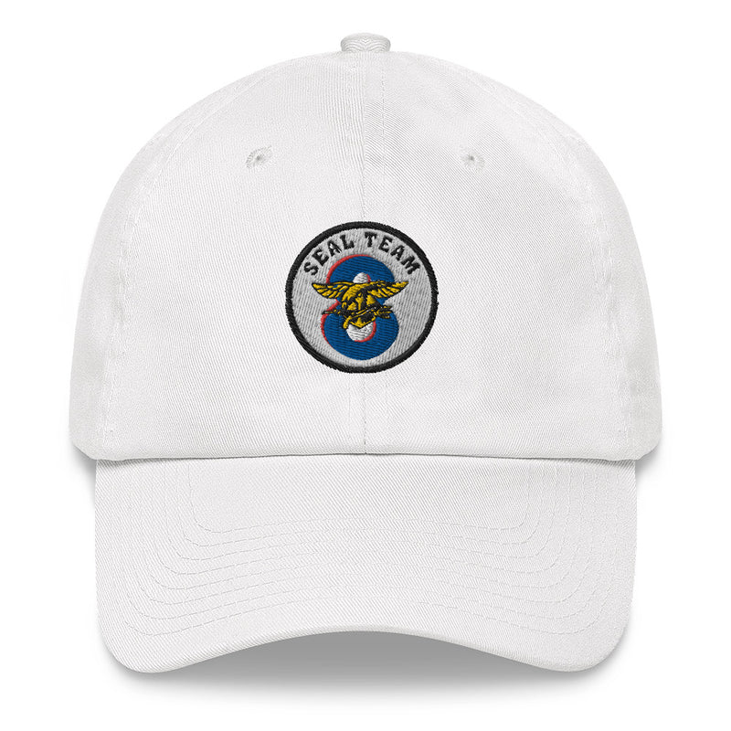 A white Seal Team 8 Hat with the logo on the front.  The hat has a curved visor and an adjustable strap at the back.