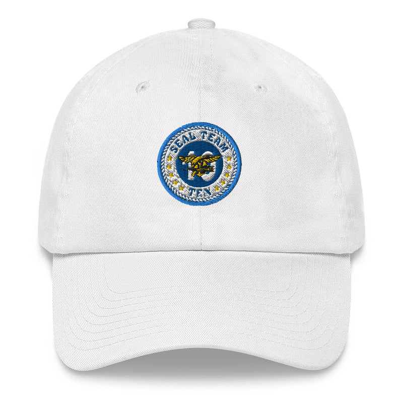 A white Seal Team 10 Hat with the logo on the front.  The hat has a curved visor and an adjustable strap at the back.