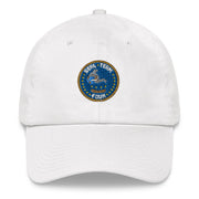 A white Seal Team 4 Hat with the logo on the front.  The hat has a curved visor and an adjustable strap at the back.