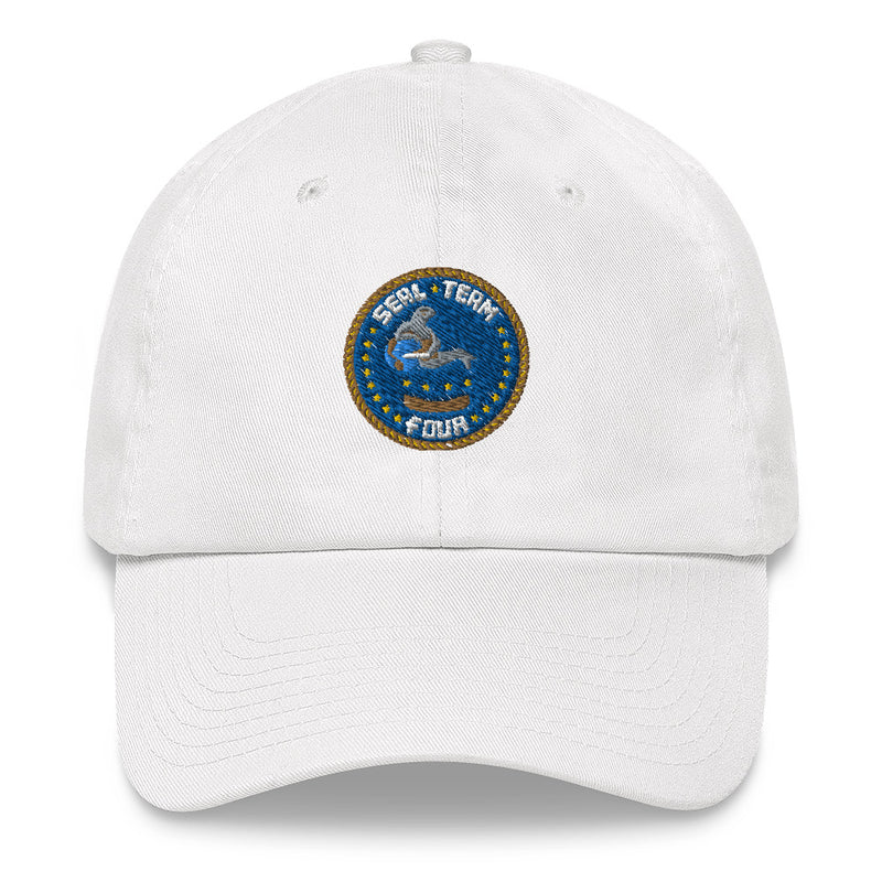 A white Seal Team 4 Hat with the logo on the front.  The hat has a curved visor and an adjustable strap at the back.